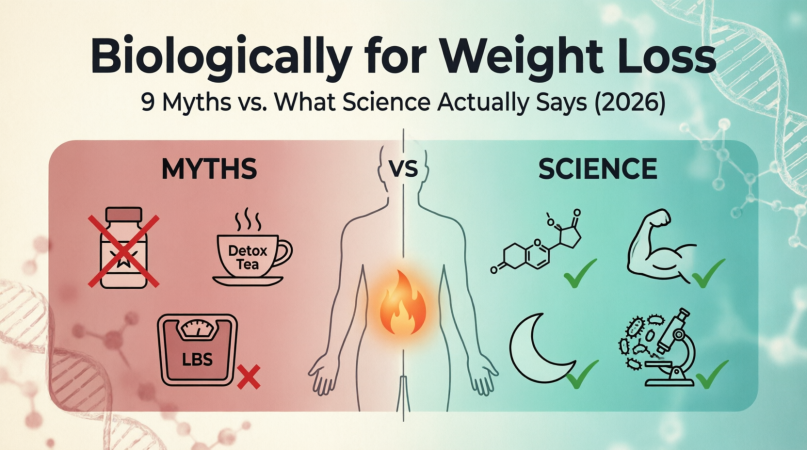Biologically for weight loss myths vs science — no magic pills or detox teas; hormones, muscle, sleep, and gut health control fat burning