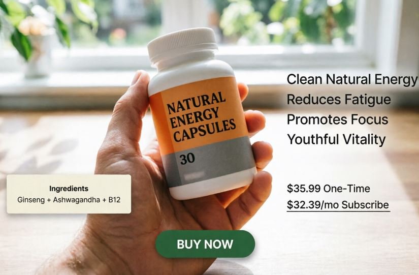 Hemavex Natural Energy Capsules bottle showing 30 capsules for natural energy boost support with ginseng and ashwagandha
