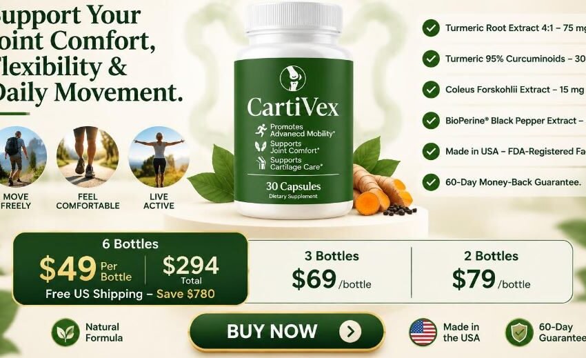 CartiVex joint support supplement shopping card showing the 30-capsule bottle, ingredient doses (turmeric 4:1 75 mg, 95% curcuminoids 30 mg, Coleus Forskohlii 15 mg, BioPerine 5 mg), $49 per bottle 6-bundle price with Buy Now button and 60-day guarantee badge