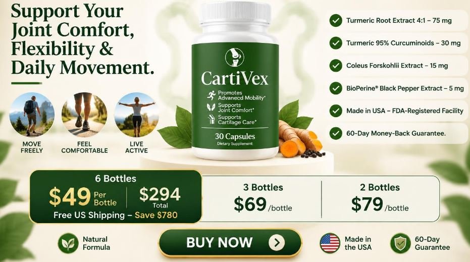 CartiVex joint support supplement shopping card showing the 30-capsule bottle, ingredient doses (turmeric 4:1 75 mg, 95% curcuminoids 30 mg, Coleus Forskohlii 15 mg, BioPerine 5 mg), $49 per bottle 6-bundle price with Buy Now button and 60-day guarantee badge