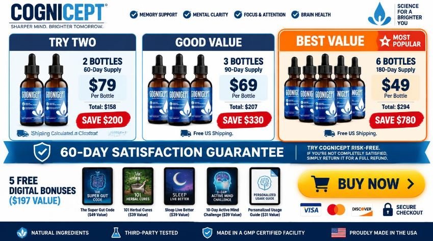Cognicept pricing comparison showing two-bottle, three-bottle, and six-bottle packages, five free bonuses, 60-day guarantee, and Buy Now button