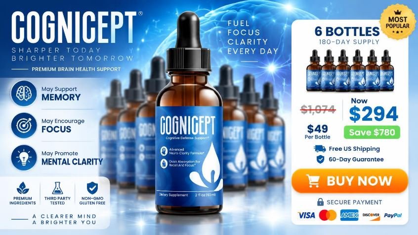 Cognicept liquid brain health supplement hero banner showing six-bottle pricing, memory and focus benefits, free shipping, and Buy Now button