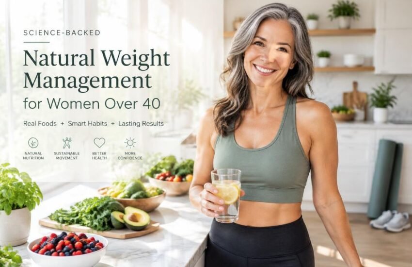 Confident woman over 40 preparing healthy meal in bright kitchen - natural midlife weight management guide