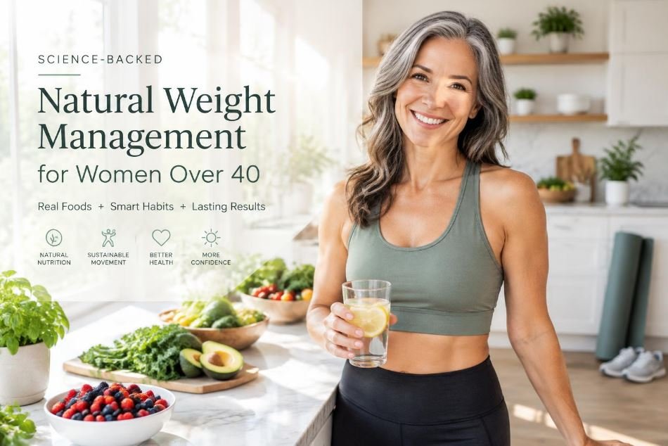 Confident woman over 40 preparing healthy meal in bright kitchen - natural midlife weight management guide