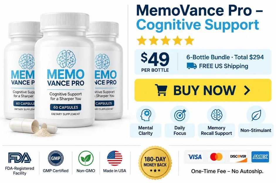 MemoVance Pro six-bottle bundle offer card showing $49 per bottle, $294 total, free US shipping and a yellow Buy Now button.