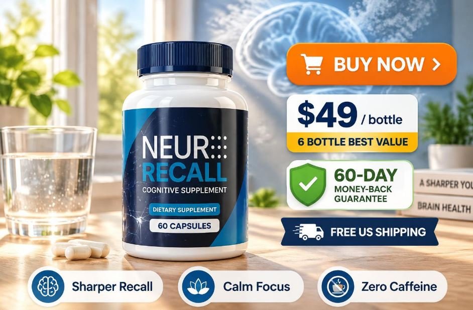 Neuro Recall cognitive supplement bottle with Buy Now offer, $49 per bottle pricing and 60-day money-back guarantee badge