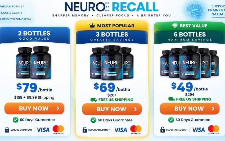 Neuro Recall price packages — 3 bottles at $69 and 6 bottles at $49 with Buy Now buttons and free US shipping