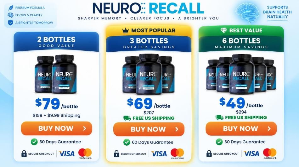 Neuro Recall price packages — 3 bottles at $69 and 6 bottles at $49 with Buy Now buttons and free US shipping