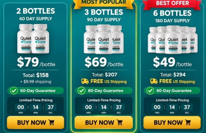 Quiet Tone pricing table with 2, 3 and 6 bottle bundles, per-bottle prices $79 $69 $49, totals, free shipping notes, guarantee strip and Buy Now buttons