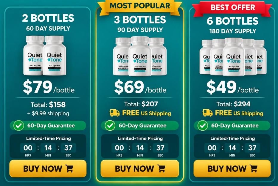 Quiet Tone pricing table with 2, 3 and 6 bottle bundles, per-bottle prices $79 $69 $49, totals, free shipping notes, guarantee strip and Buy Now buttons