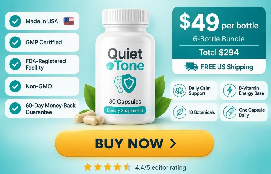 Quiet Tone hearing health supplement shopping card showing $49 per bottle 6-bottle bundle price, trust badges, benefit chips and Buy Now button