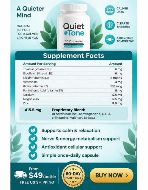 Quiet Tone ingredient and benefits infographic showing Supplement Facts doses, 415.5 mg botanical blend, four benefit icons, from $49 price badge and Buy Now button