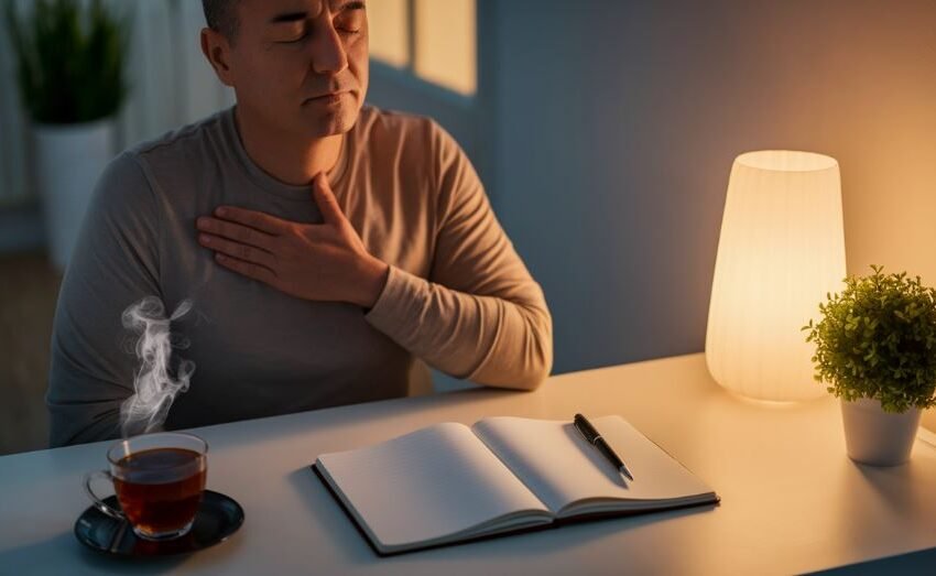 Adult practicing slow breathing at a calm evening desk with herbal tea, a notebook, and a small plant to manage chronic stress