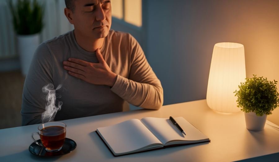 Adult practicing slow breathing at a calm evening desk with herbal tea, a notebook, and a small plant to manage chronic stress