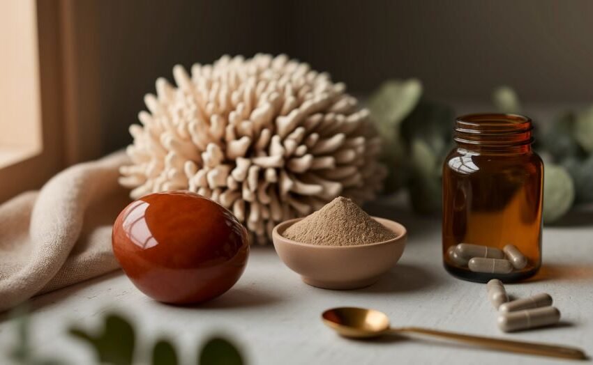 Dried lion's mane and reishi mushrooms beside amber supplement capsules and a small bowl of mushroom extract powder on a wooden table
