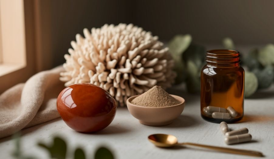 Dried lion's mane and reishi mushrooms beside amber supplement capsules and a small bowl of mushroom extract powder on a wooden table