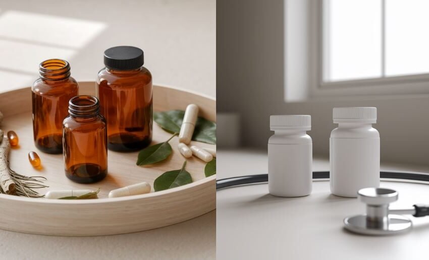 Split-view comparison of natural nootropic supplement bottles with botanicals beside prescription pill bottles and a stethoscope