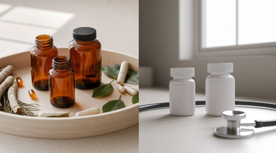 Split-view comparison of natural nootropic supplement bottles with botanicals beside prescription pill bottles and a stethoscope