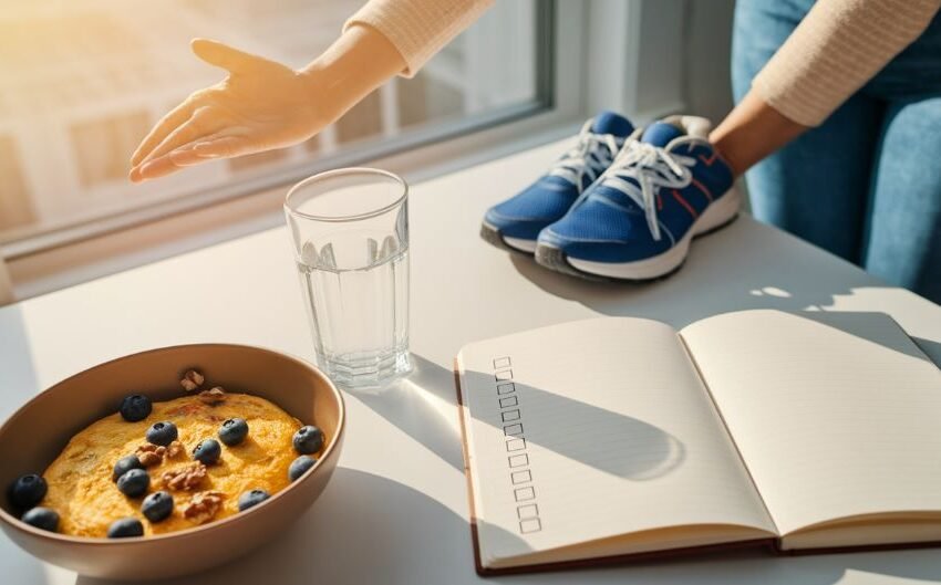 Adult stretching beside a sunlit desk with a protein breakfast bowl, water glass, and habit checklist to protect mental stamina