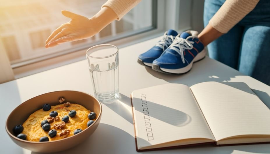 Adult stretching beside a sunlit desk with a protein breakfast bowl, water glass, and habit checklist to protect mental stamina