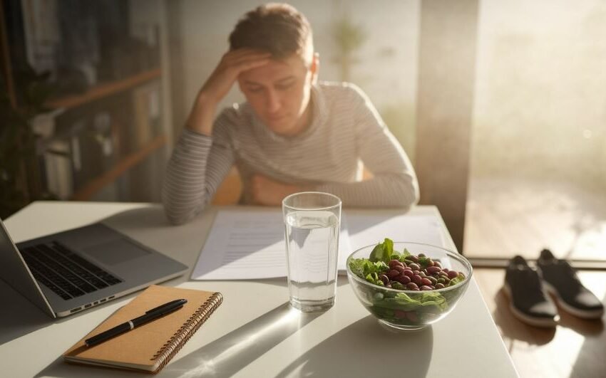 Adult at a desk experiencing brain fog with healthy habits nearby: water, salad, notebook, and walking shoes