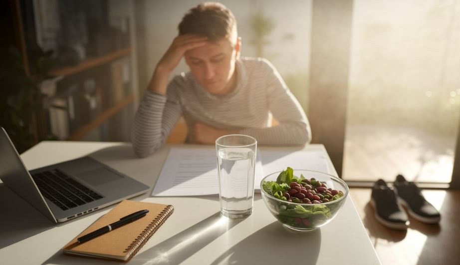 Adult at a desk experiencing brain fog with healthy habits nearby: water, salad, notebook, and walking shoes