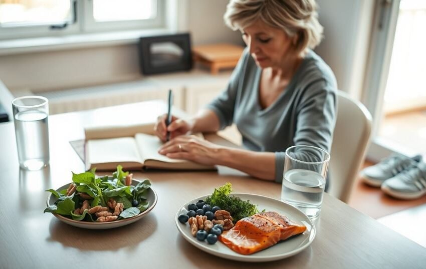 Adult over 50 practicing memory-supporting habits with journal, healthy food, and walking shoes