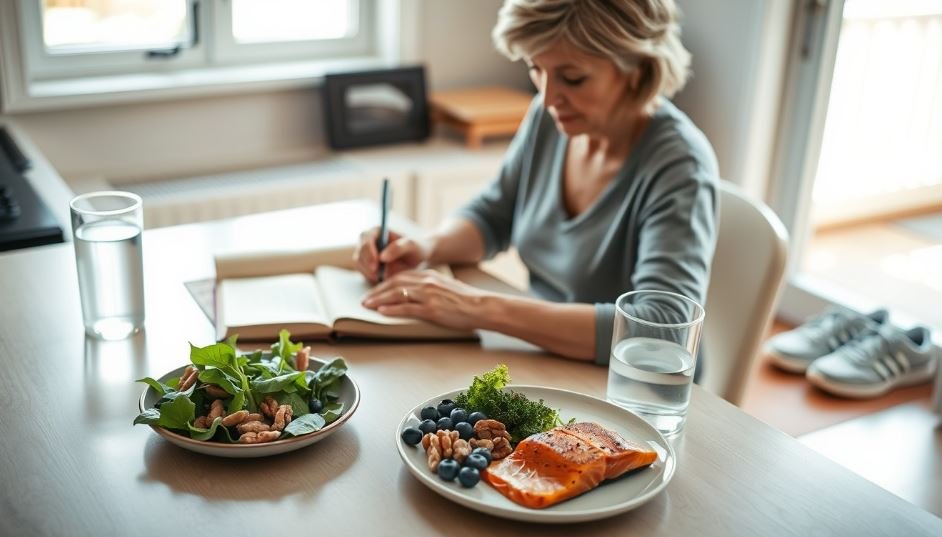Adult over 50 practicing memory-supporting habits with journal, healthy food, and walking shoes