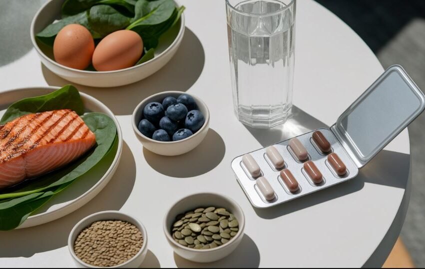 Overhead view of brain-supporting foods like salmon, spinach, eggs, and berries beside a glass of water and a weekly pill organizer