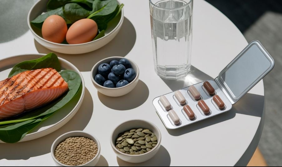 Overhead view of brain-supporting foods like salmon, spinach, eggs, and berries beside a glass of water and a weekly pill organizer