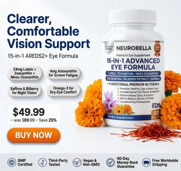 Neurobella 15-in-1 Advanced Eye Formula bottle with benefits, $49.99 price badge and Buy Now button