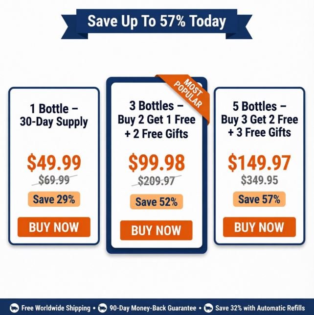Neurobella pricing table with 1, 3 and 5 bottle bundles, savings tags and Buy Now buttons