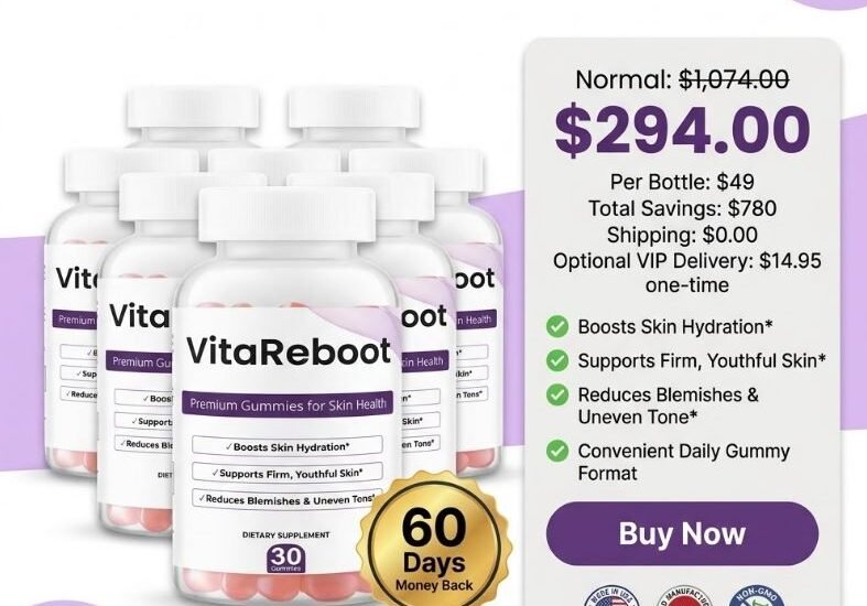 Six-bottle VitaReboot Skin Gummies pricing card showing $294 bundle price, $49 per bottle, $780 savings, free shipping, optional VIP delivery, skin hydration support, firm youthful skin, reduced blemishes and uneven tone, and Buy Now button.