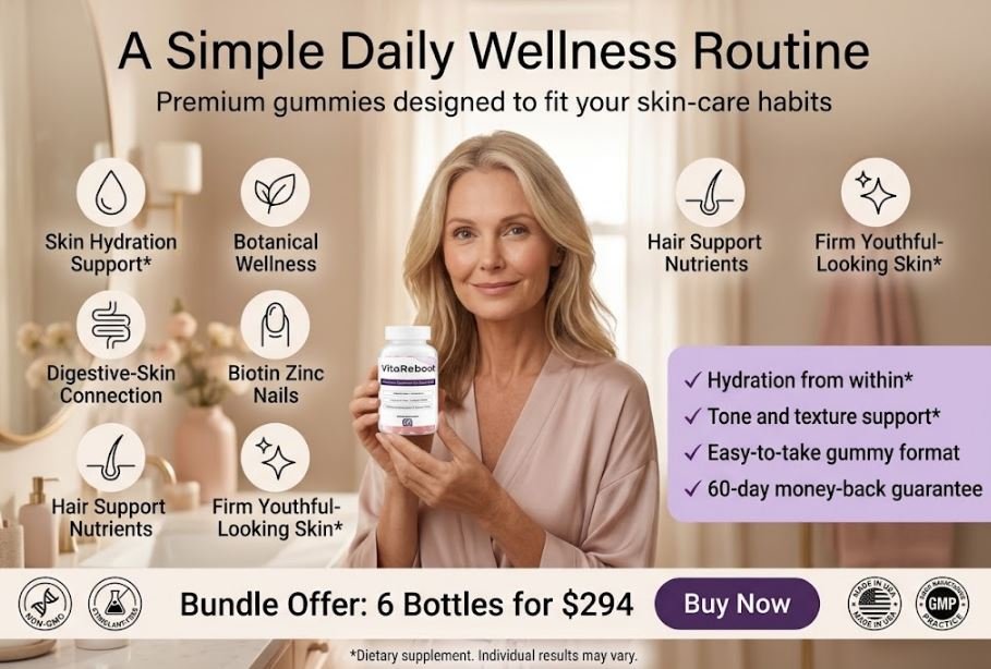 VitaReboot Gummies hero banner showing skin hydration support, firm youthful-looking skin, reduced blemishes and uneven tone, 6-bottle price of $294, Buy Now button, and 60-day money-back guarantee badge.
